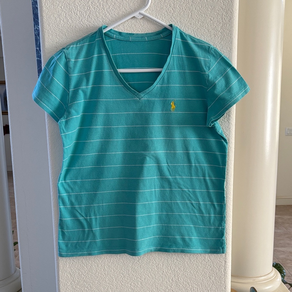 Ralph Lauren Aqua Striped V-Neck Tee